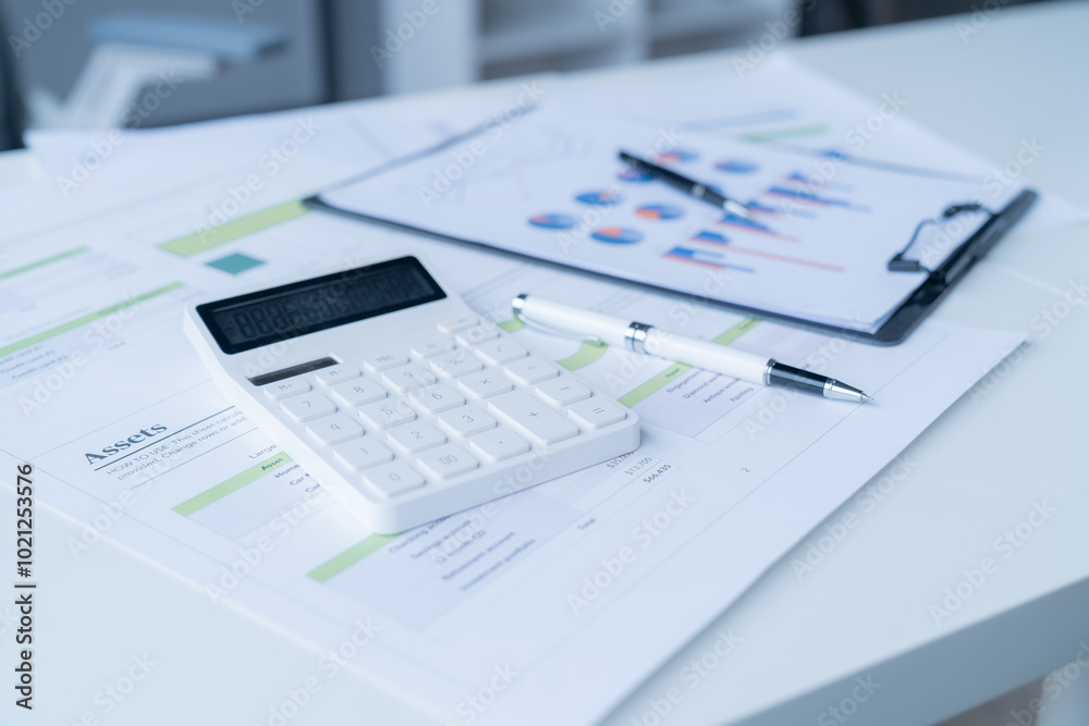 Calculator is sitting on top of financial reports, suggesting a businessman is analyzing the data and preparing a financial strategy Calculator is sitting on top of financial reports, suggesting a businessman is analyzing the data and preparing a financial strategy