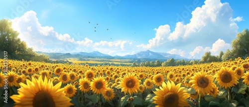 Vibrant sunflower field under a clear blue sky with distant mountains and fluffy clouds, creating a serene and picturesque landscape.