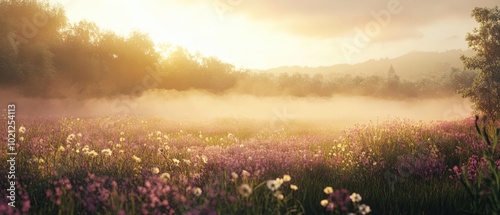 A serene sunrise over a misty wildflower meadow in full bloom.