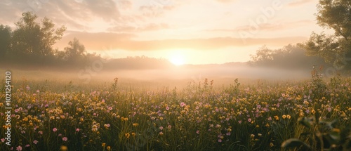 Serene sunrise over a misty meadow filled with colorful wildflowers and a tranquil atmosphere.