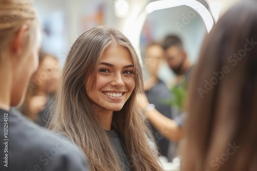 Wallpaper Mural A young woman with long, flowing hair smiles brightly as she prepares for her beauty appointment in a lively salon. Torontodigital.ca