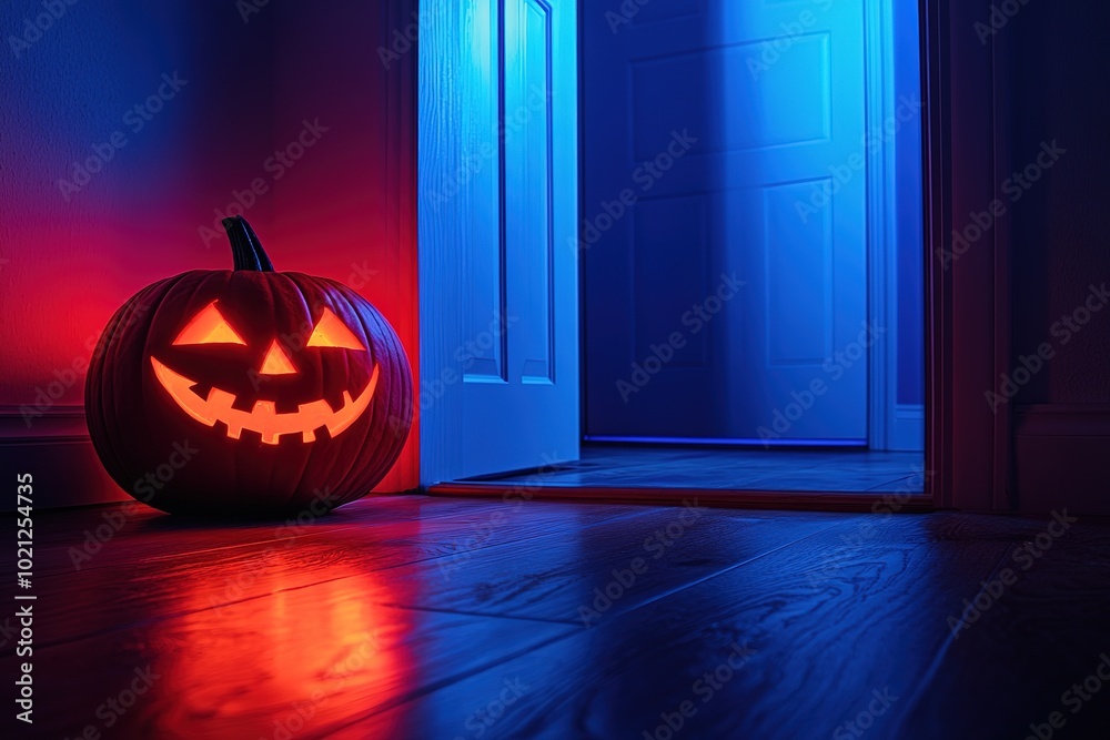 Obraz premium Halloween night scene with a glowing pumpkin and a mysterious door in red light, a spooky Halloween concept, high-quality, detailed photo of a Halloween decoration on the floor with a smiling pumpkin