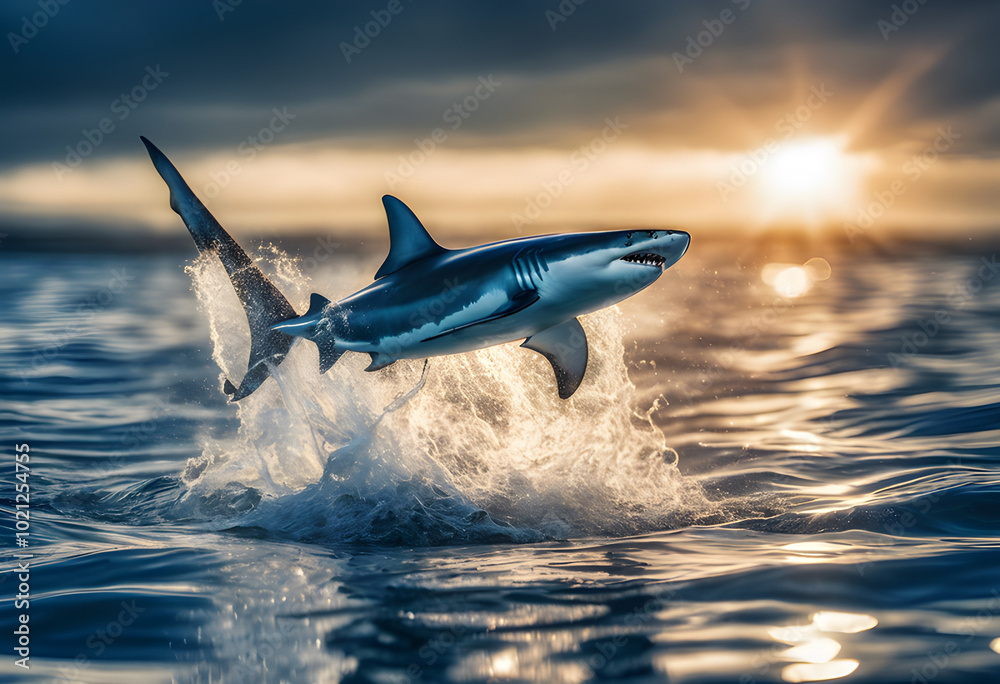 Obraz premium A great white shark swims in the crystal clear ocean, with sunlight filtering through the water, revealing details of its body.