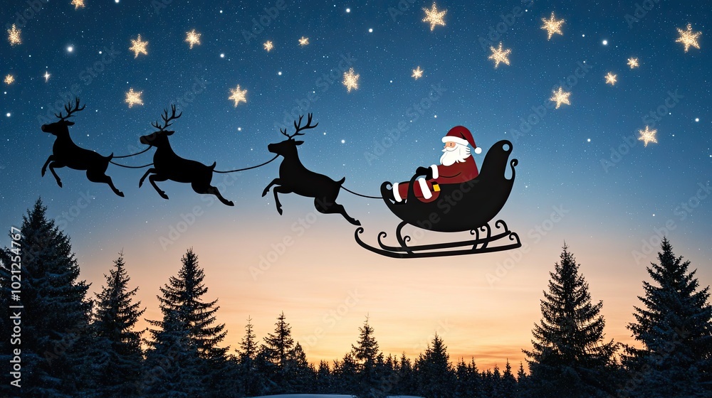 Naklejka premium A silhouette of Santa Claus and his reindeer flies in a sleigh against a beautiful starry night sky, creating a magical Christmas atmosphere in a serene forest setting