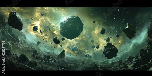 Majestic asteroid field floating in a mysterious, glowing cosmic nebula.