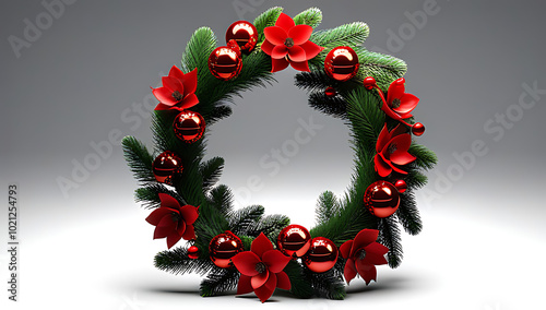 florist creating christmas wreath red accents photo