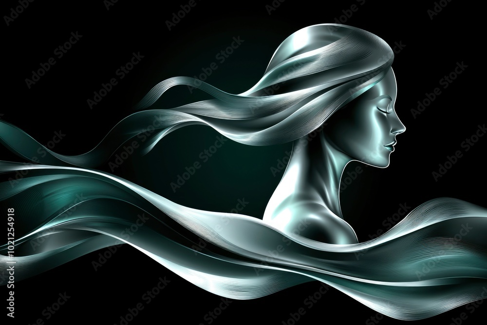 Naklejka premium A Silver Woman with Flowing Hair and Fabric
