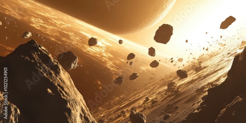 Asteroid field drifting through space in warm golden light, with a planet visible in the distance.