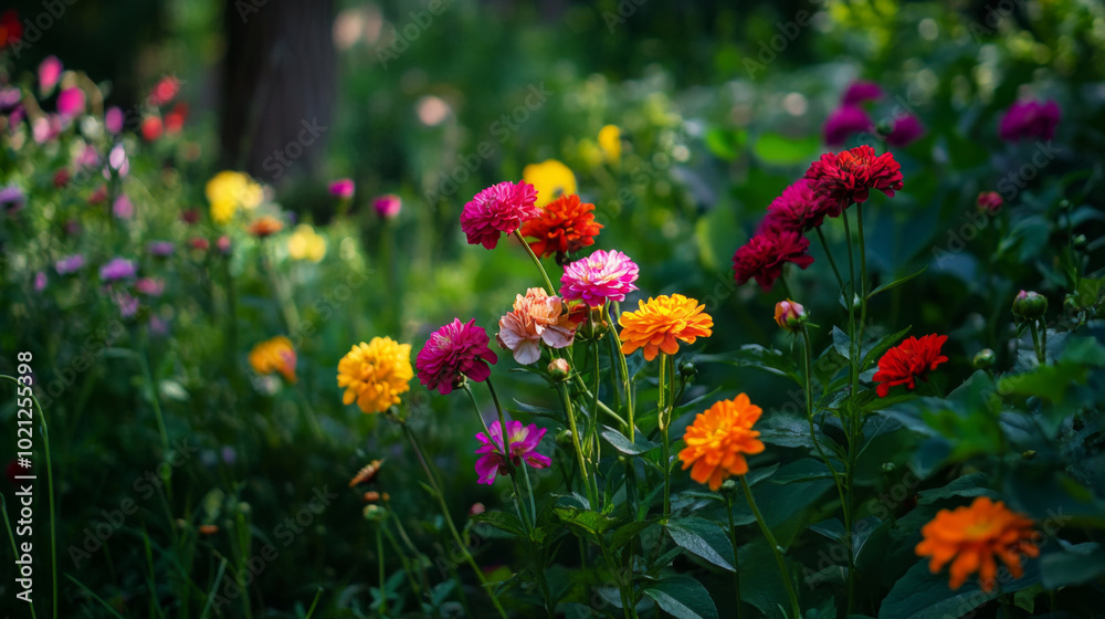 Bright flowers in green backyard setting Bright flowers in green backyard setting