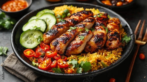 Grilled chicken with rice, cucumber, and tomatoes on a black plate.