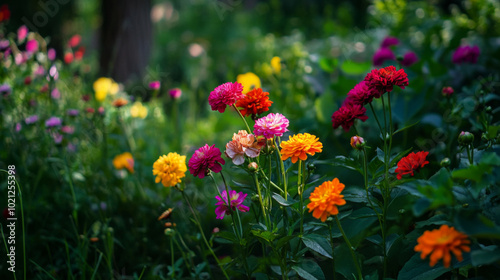 Bright flowers in green backyard setting 