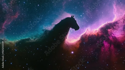 Silhouette of a horsehead nebula against a vibrant cosmic backdrop.