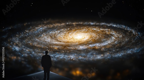 Silhouette of a man gazing at a stunning spiral galaxy in the vastness of space.