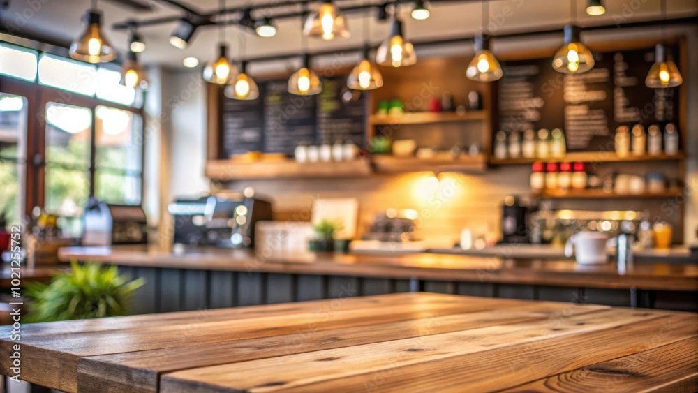 Wooden table in a cozy cafe with a blurred background of warm lighting, rustic shelves, and a window Wooden table in a cozy cafe with a blurred background of warm lighting, rustic shelves, and a window
