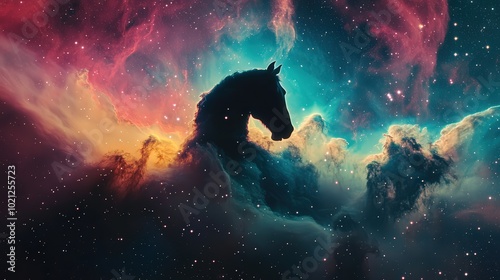 Silhouette of a horse amidst colorful cosmic clouds in a starry nebula.