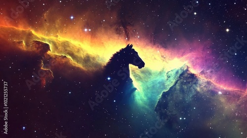 A mesmerizing cosmic scene featuring a horse silhouette enveloped in vibrant nebula colors in space.