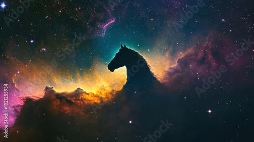 Silhouette of a horse head forming from vibrant cosmic clouds in outer space, evoking mystery and wonder.