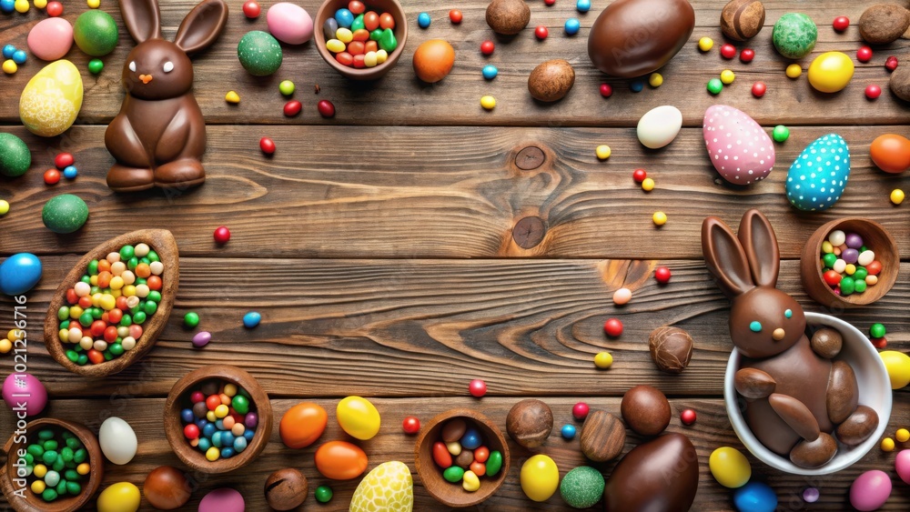 A Colorful Celebration of Easter with Chocolate Bunnies, Painted Eggs, and Candies Scattered on a Wooden Background