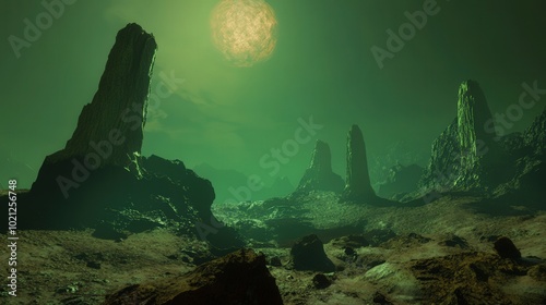 Eerie alien landscape with towering rock formations under a glowing green sky.