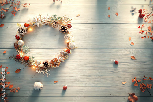 Handmade holiday wreath with soft lights and rustic Christmas accents, 3D illustration photo