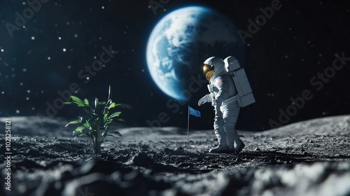 An astronaut explores the lunar surface near a small green plant with Earth visible in the background.