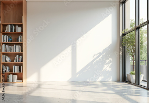a bright library with an empty white wall , mockup