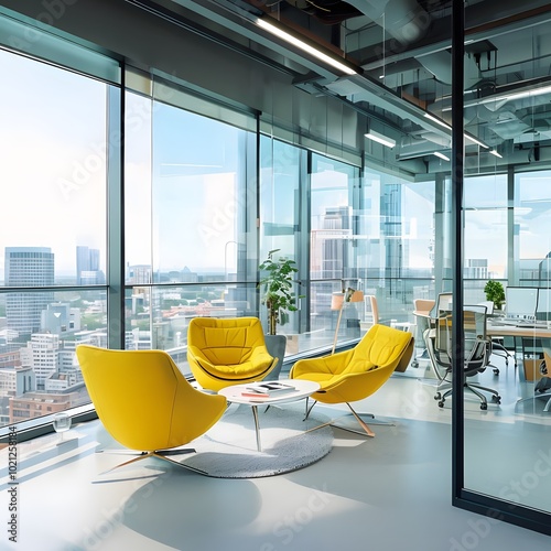Contemporary office design with large glass windows, vibrant yellow chairs, and an open-plan layout featuring a panoramic urban view