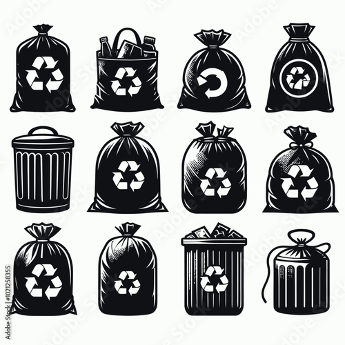 Trash bags Silhouette Set Vector