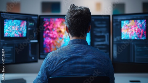 A creative professional using AI to generate intricate patterns, with a large screen showing the evolving design in realtime in a modern, welllit design studio