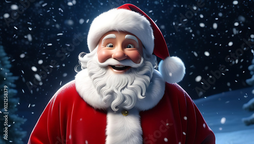 happy santa claus smiling falling snowflakes night