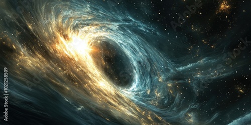 Stunning depiction of a cosmic black hole surrounded by swirling gases and glittering stars.