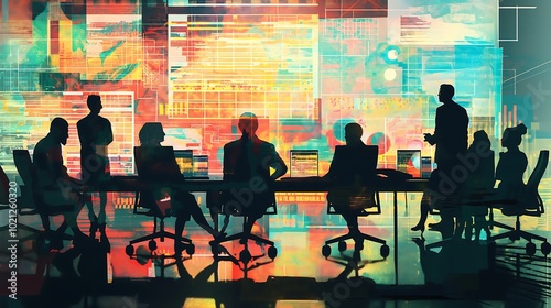 A futuristic holographic display projecting financial data during a high-stakes business meeting.