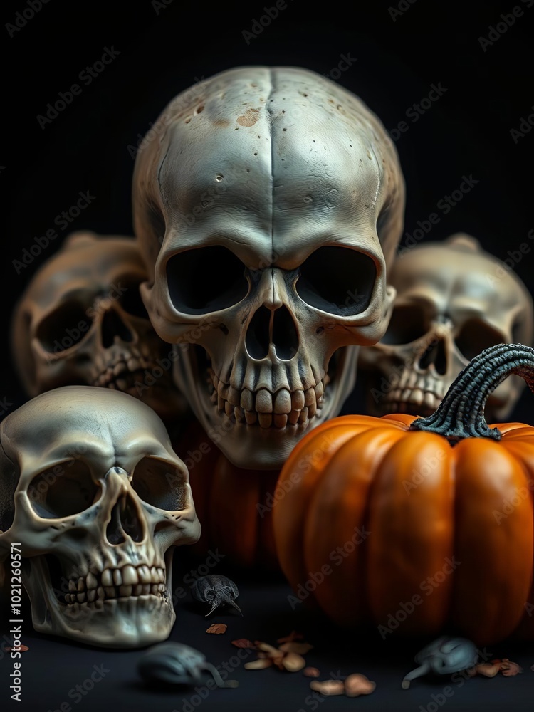 Skulls and pumpkin against black backdrop for halloween halloween backdrop Skulls and pumpkin against black backdrop for halloween halloween backdrop