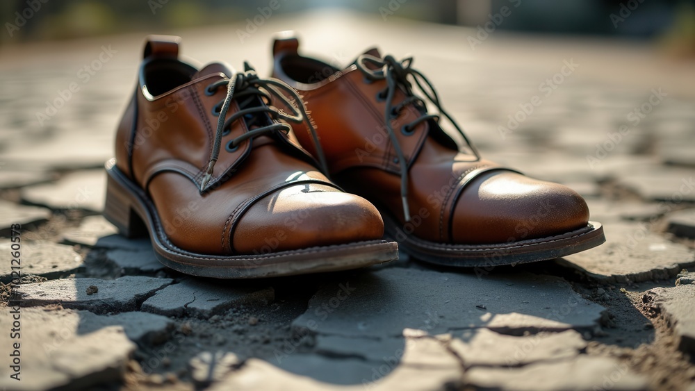 Naklejka premium A pair of classic brown leather shoes placed on a cobblestone street, capturing an essence of timeless fashion and elegance, set in an outdoor environment that complements the shoe design.