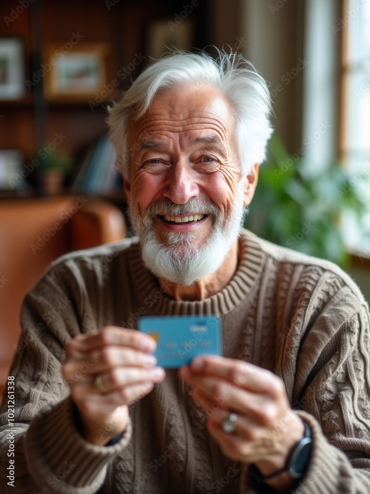 A senior man with a white beard in a cable-knit sweater grins broadly while showing his bank card, symbolizing happiness and comfort in financial dealings at home. A senior man with a white beard in a cable-knit sweater grins broadly while showing his bank card, symbolizing happiness and comfort in financial dealings at home.