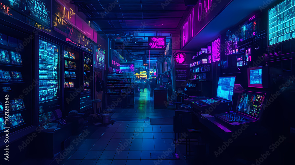 custom made wallpaper toronto digitalCyberpunk marketplace with holographic displays, neon lights, dark tones, digital art. Cyberpunk Marketplace. Illustration