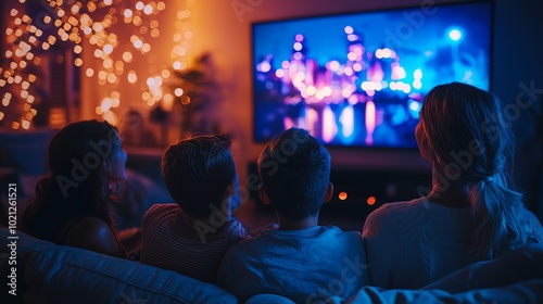 Family gathered in the living room, watching a movie on a large flatscreen TV, their expressions showing excitement and engagement, dimmed lights in the background, cozy atmosphere