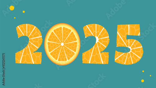 Happy New Year 2025. Vector illustration with orange slices. Design for greeting card, banner, poster or flyer