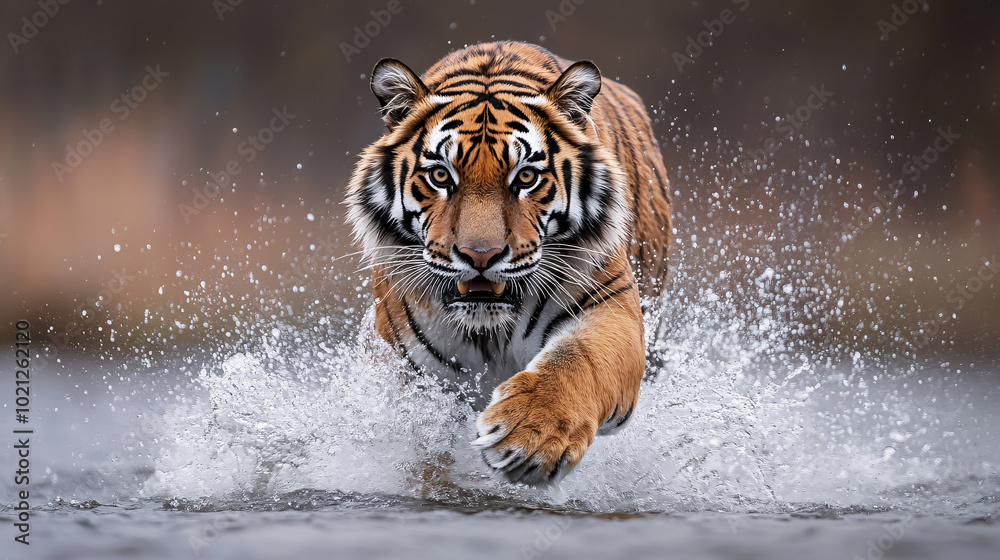 Siberian Tiger in Water: A Siberian tiger (Panthera tigris altaica) running directly at the camera in the water, with water splashing around. Siberian Tiger in Water: A Siberian tiger (Panthera tigris altaica) running directly at the camera in the water, with water splashing around.