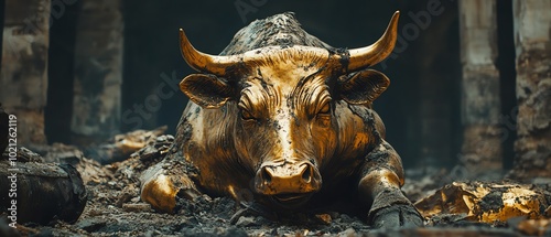 Golden bull statue cracked and falling apart, symbolizing the end of a market rally