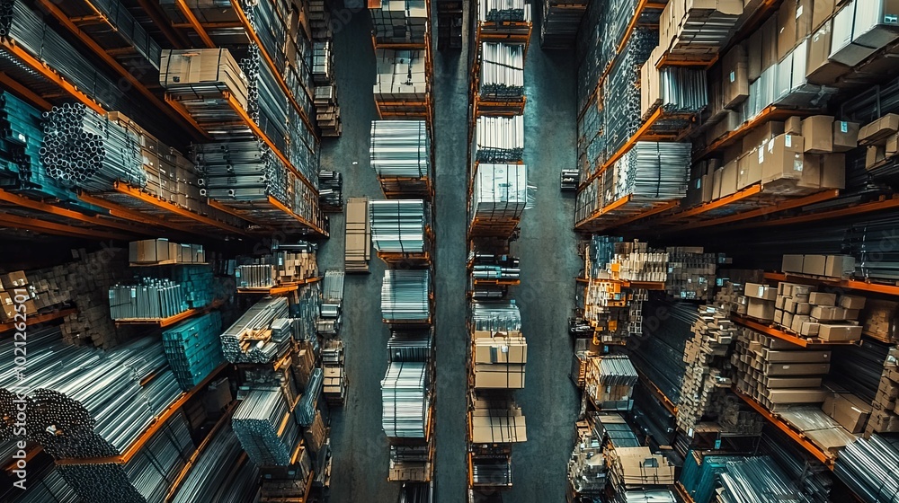 Aerial View of a Warehouse Filled with Metal and Cardboard Products Aerial View of a Warehouse Filled with Metal and Cardboard Products