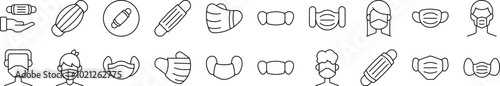 Collection of Outline Signs of Medical Face Mask Drawn with Thin Line for apps, web sites, banners, infographics and other types of design