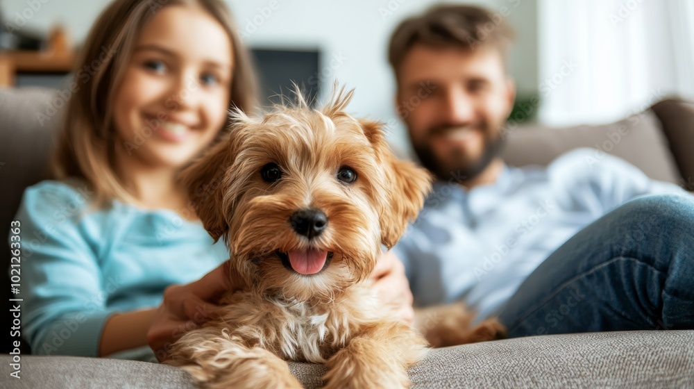 Happy family sitting on the couch with their cute small dog, smiling and enjoying a relaxing day at home. Happy family sitting on the couch with their cute small dog, smiling and enjoying a relaxing day at home.