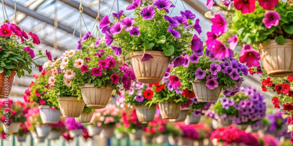 A vibrant display of hanging flower baskets filled with a mix of purple, pink, and white blooms, showcasing the beauty of nature's artistry. A vibrant display of hanging flower baskets filled with a mix of purple, pink, and white blooms, showcasing the beauty of nature's artistry.