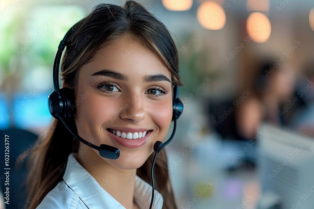 Portrait of a cheerful female Call Center Representative in an office environment. Portrait of a cheerful female Call Center Representative in an office environment.