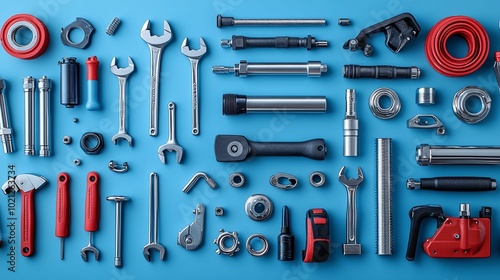 A Collection of Tools and Hardware Arranged on a Blue Background