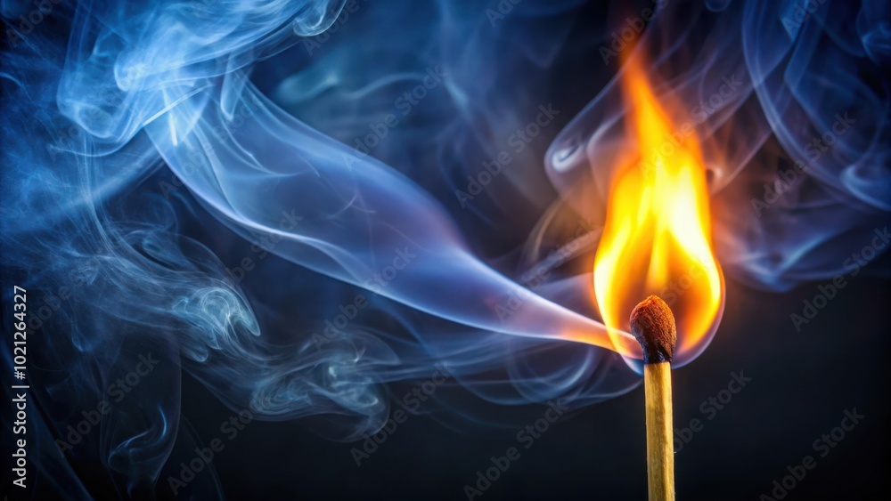 A burning matchstick with wispy blue smoke rising from the tip in a dark background A burning matchstick with wispy blue smoke rising from the tip in a dark background