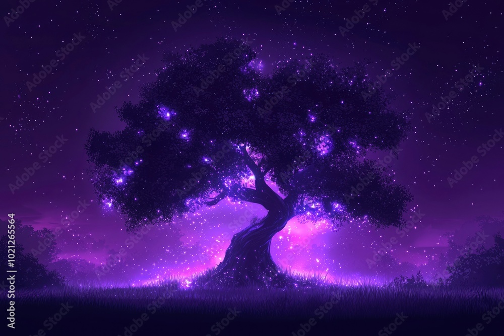 A Glowing Tree in a Night Sky Filled with Stars and Fireflies A Glowing Tree in a Night Sky Filled with Stars and Fireflies