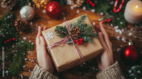 Hands holding Christmas gift wrapped with pine and berries