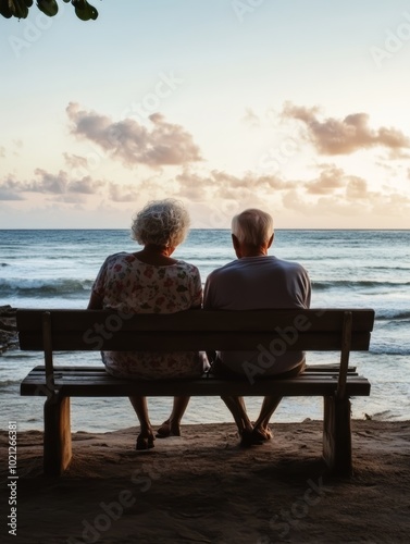 Elderly couple enjoying a sunset on the beach, reflecting love and companionship.